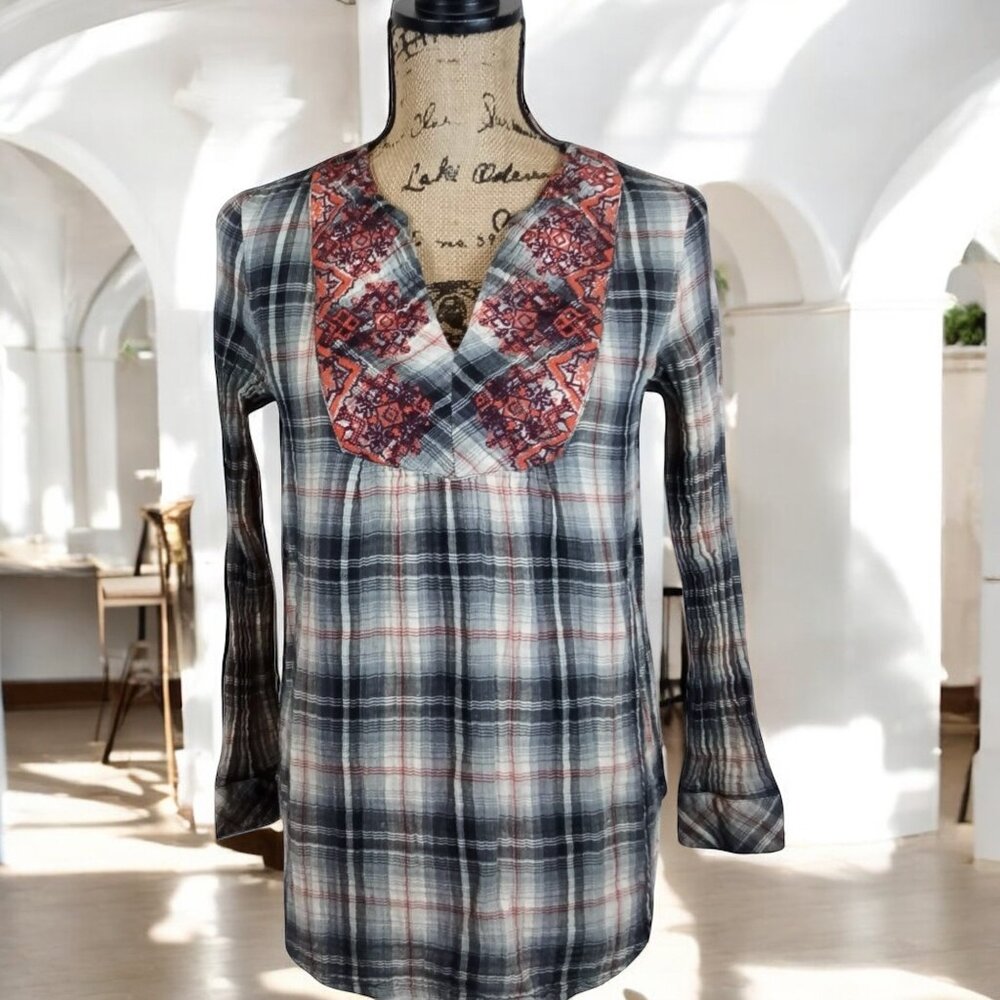 Sundance Plaid Embroidered Cottage Western Long‎ Sleeve Peasant Top XS